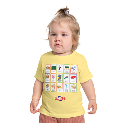 T-shirt a Maniche Corte per Bambini con Stampa delle Card della Scuola in Spagnolo e Inglese