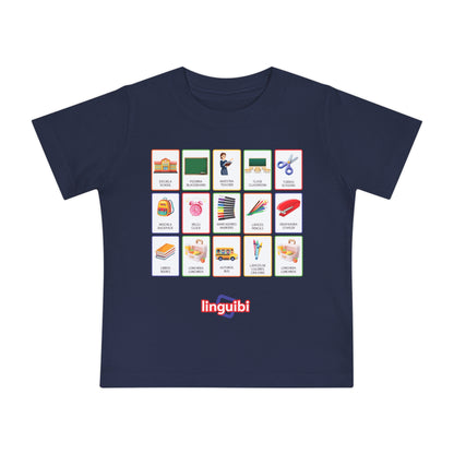 T-shirt a Maniche Corte per Bambini con Stampa delle Card della Scuola in Spagnolo e Inglese