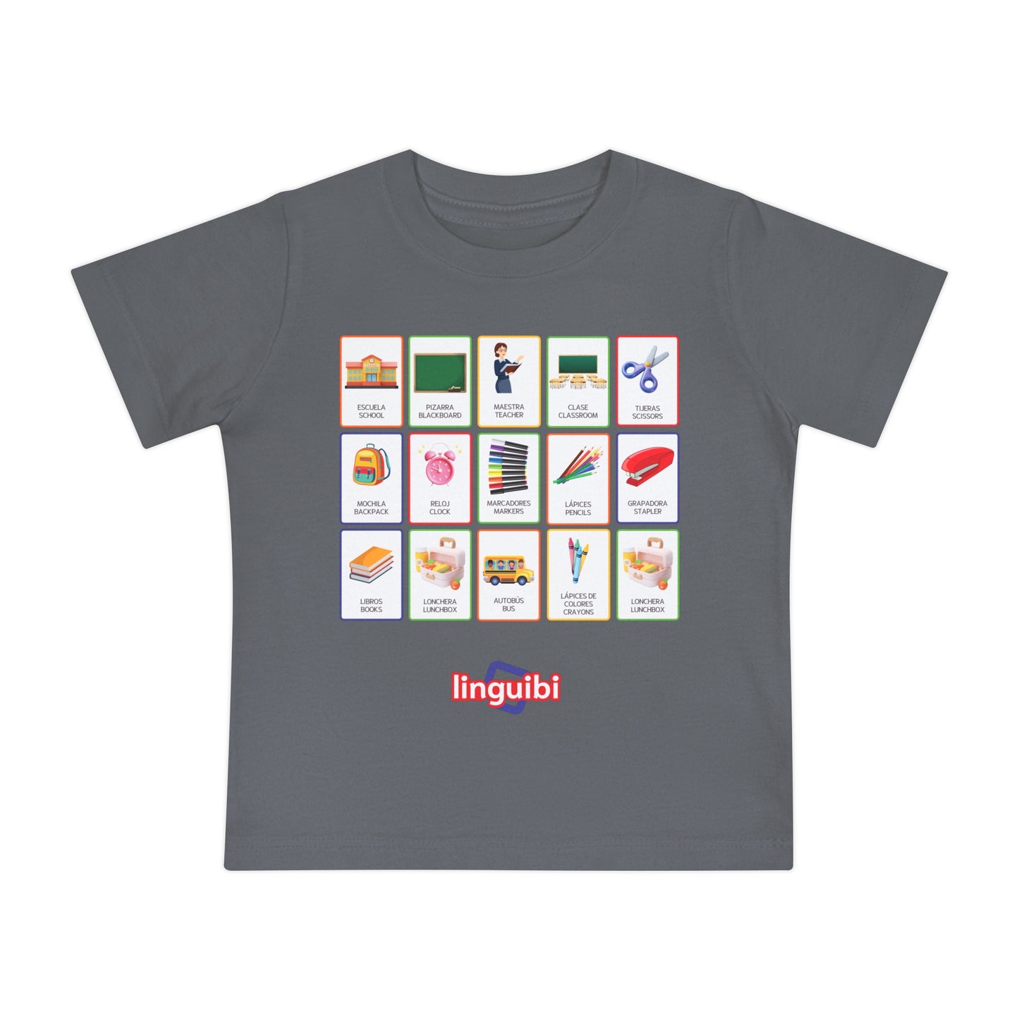 T-shirt a Maniche Corte per Bambini con Stampa delle Card della Scuola in Spagnolo e Inglese