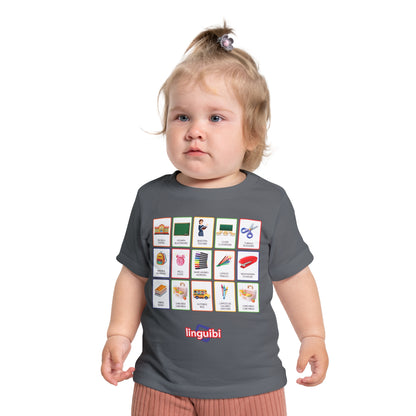 T-shirt a Maniche Corte per Bambini con Stampa delle Card della Scuola in Spagnolo e Inglese