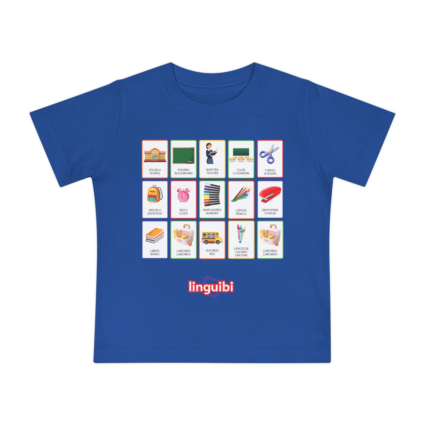 T-shirt a Maniche Corte per Bambini con Stampa delle Card della Scuola in Spagnolo e Inglese