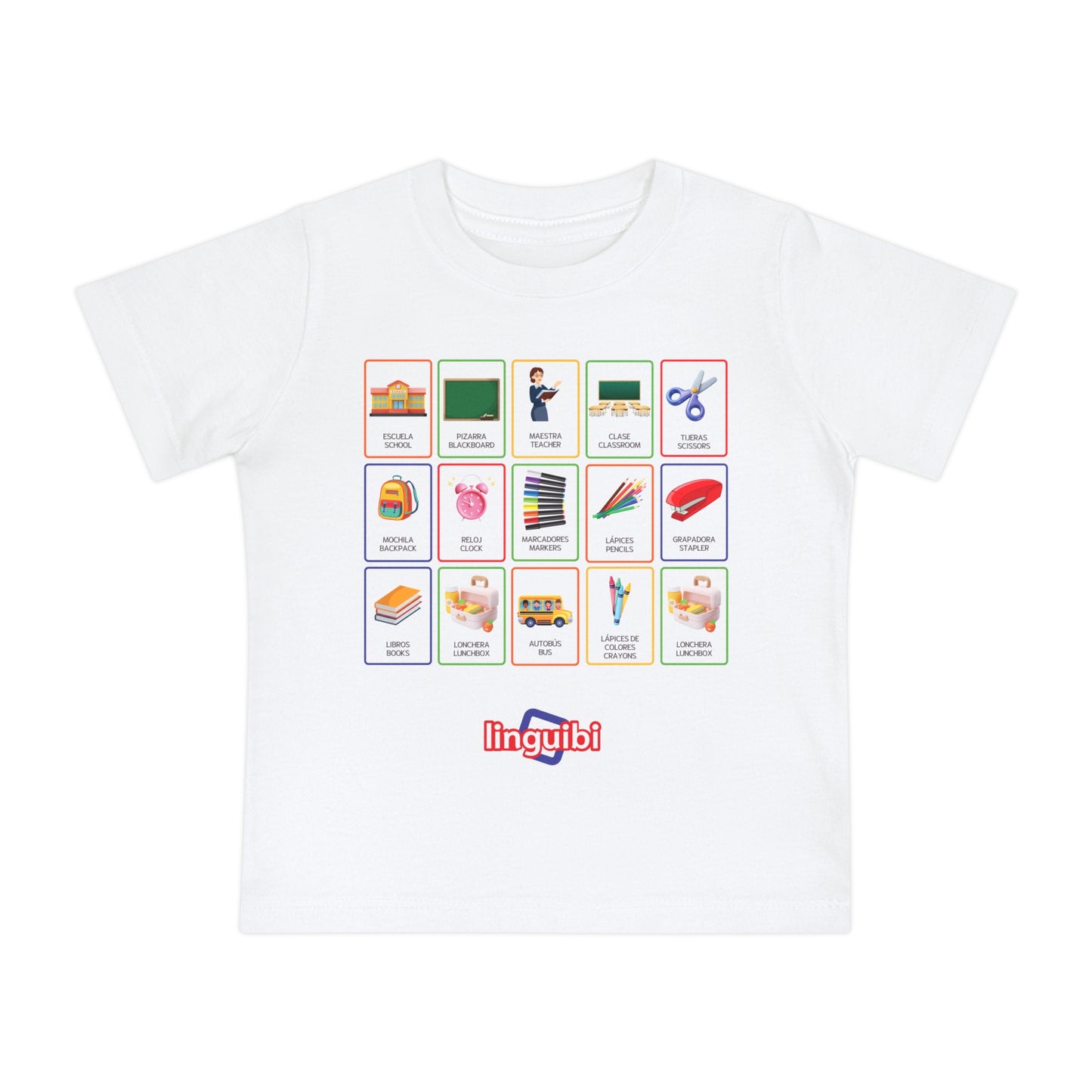 T-shirt a Maniche Corte per Bambini con Stampa delle Card della Scuola in Spagnolo e Inglese