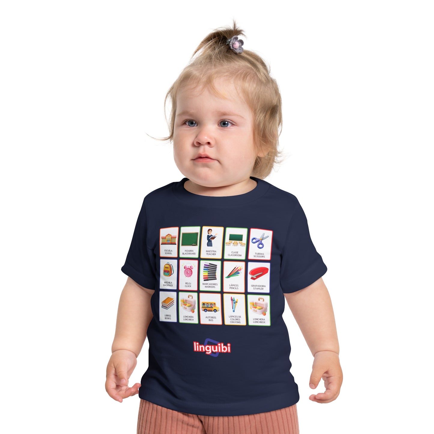 T-shirt a Maniche Corte per Bambini con Stampa delle Card della Scuola in Spagnolo e Inglese