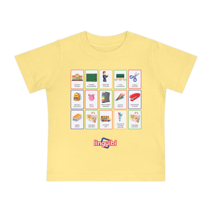 T-shirt a Maniche Corte per Bambini con Stampa delle Card della Scuola in Spagnolo e Inglese