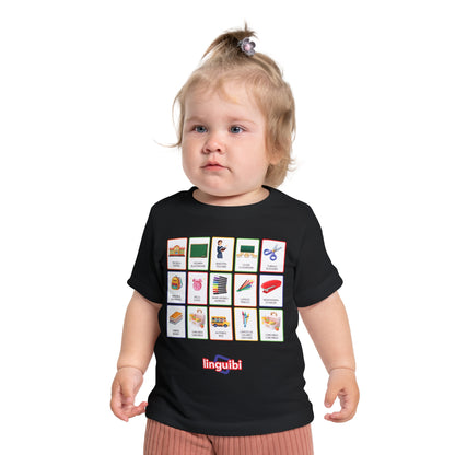 T-shirt a Maniche Corte per Bambini con Stampa delle Card della Scuola in Spagnolo e Inglese