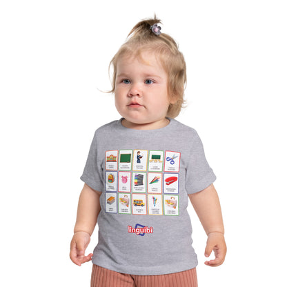 T-shirt a Maniche Corte per Bambini con Stampa delle Card della Scuola in Spagnolo e Inglese