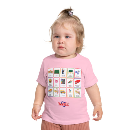 T-shirt a Maniche Corte per Bambini con Stampa delle Card della Scuola in Spagnolo e Inglese