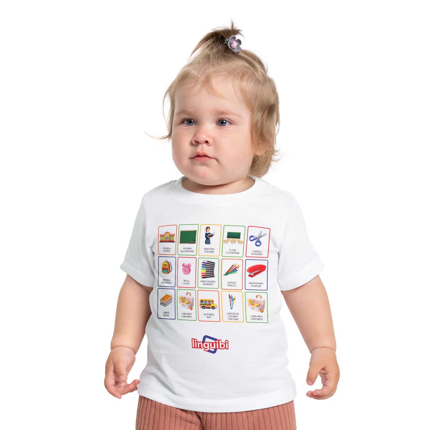 T-shirt a Maniche Corte per Bambini con Stampa delle Card della Scuola in Spagnolo e Inglese