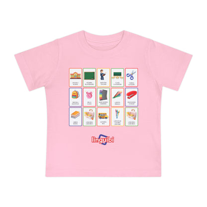 T-shirt a Maniche Corte per Bambini con Stampa delle Card della Scuola in Spagnolo e Inglese