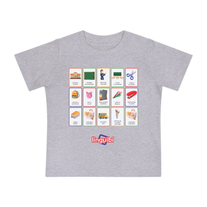 T-shirt a Maniche Corte per Bambini con Stampa delle Card della Scuola in Spagnolo e Inglese