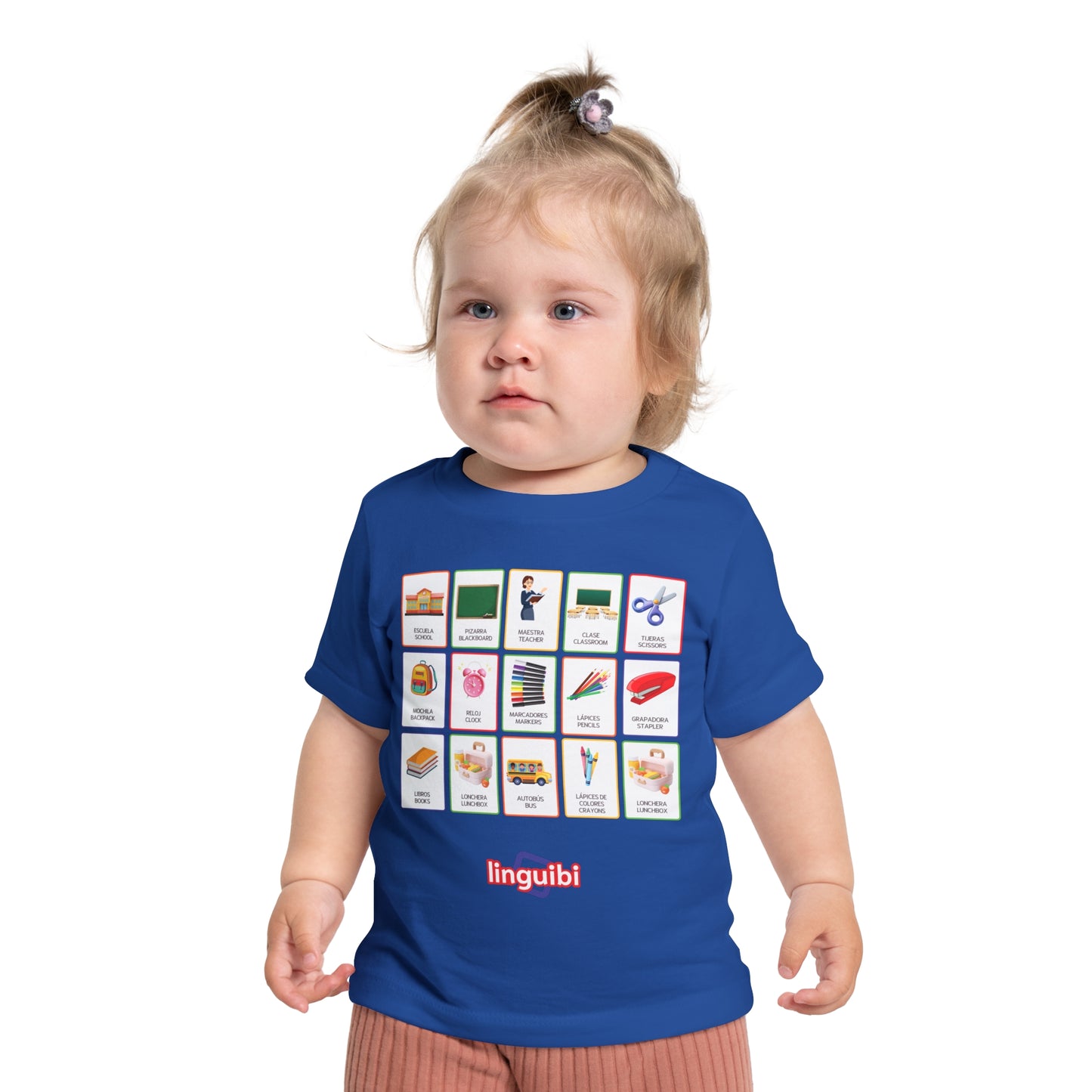 T-shirt a Maniche Corte per Bambini con Stampa delle Card della Scuola in Spagnolo e Inglese