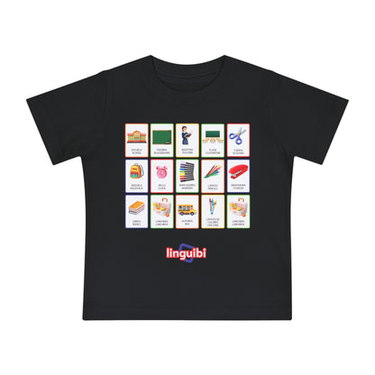 T-shirt a Maniche Corte per Bambini con Stampa delle Card della Scuola in Spagnolo e Inglese