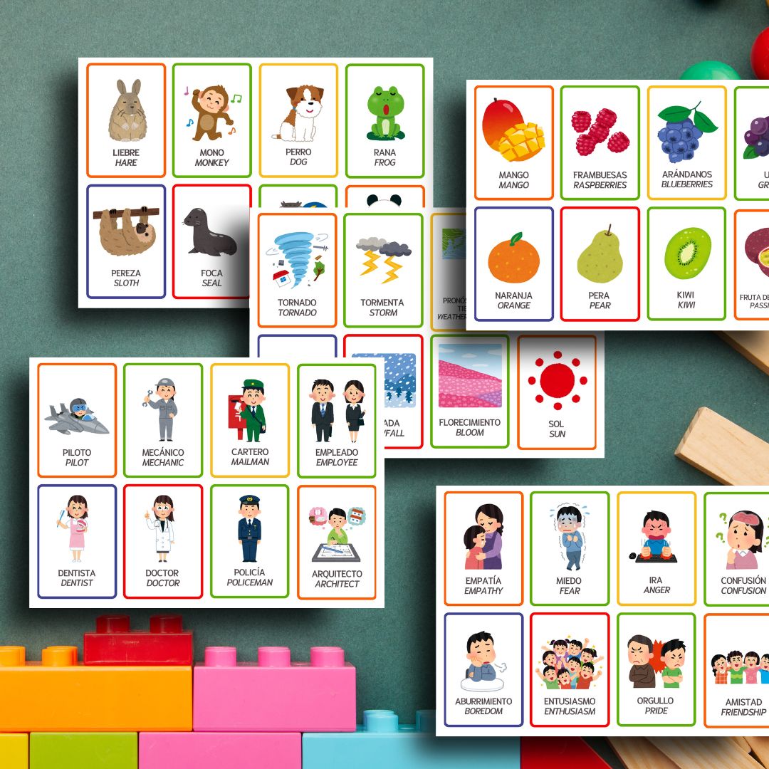 120 FLASHCARD PER BAMBINI (6-8 ANNI) - BILINGUE SPAGNOLO E INGLESE