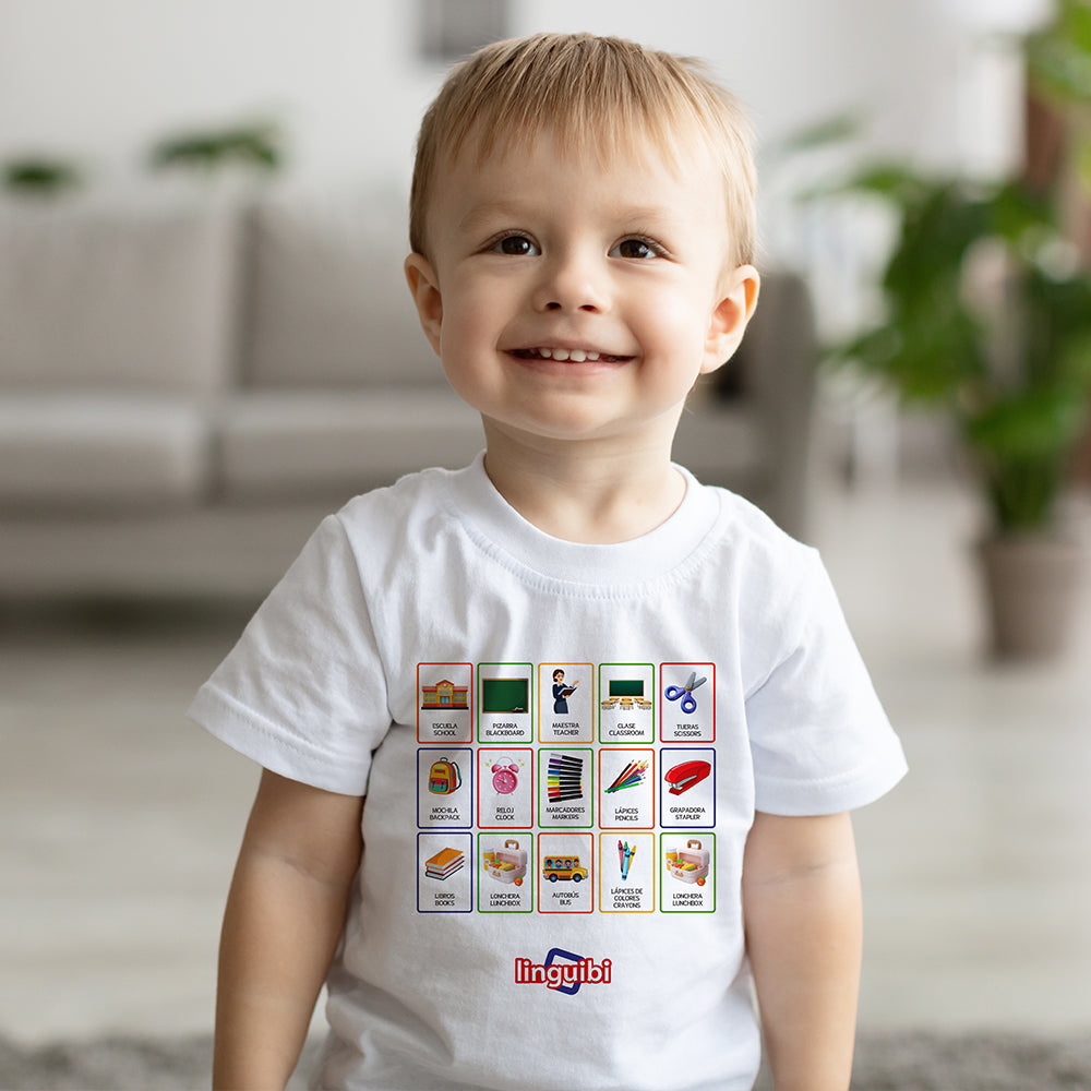 T-shirt a Maniche Corte per Bambini con Stampa delle Card della Scuola in Spagnolo e Inglese