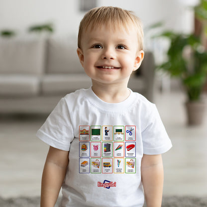 T-shirt a Maniche Corte per Bambini con Stampa delle Card della Scuola in Spagnolo e Inglese